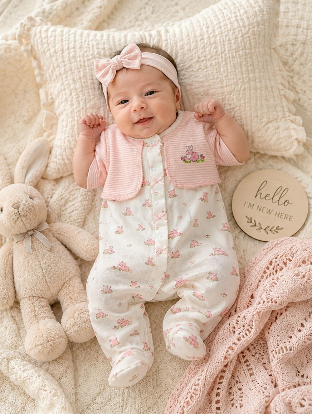 Little Me Newborn Bunny Footed Sleeper with Pink Bolero